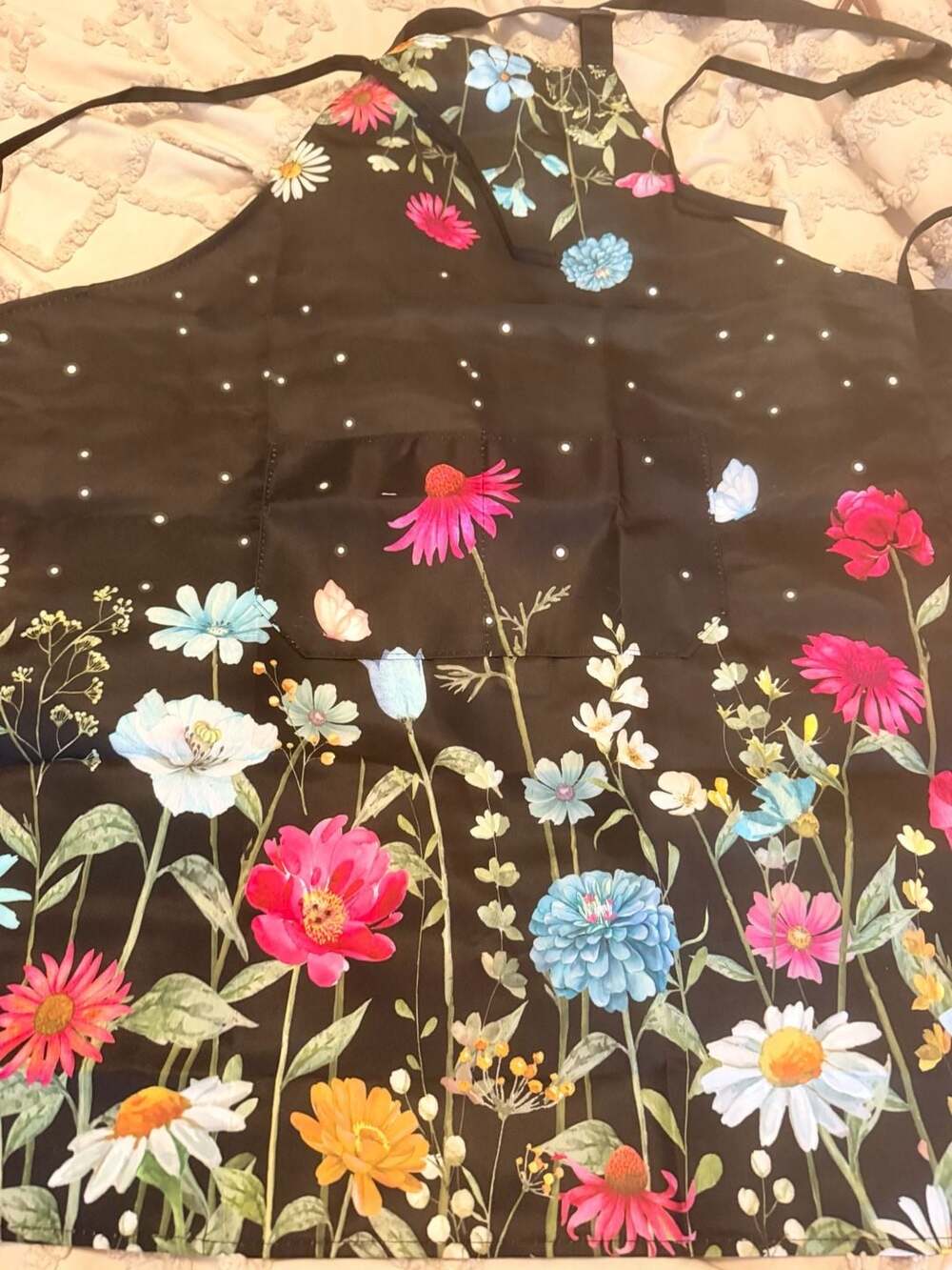 Unbranded Floral Print Apron Black Multicolored Floral Butterfly Pockets